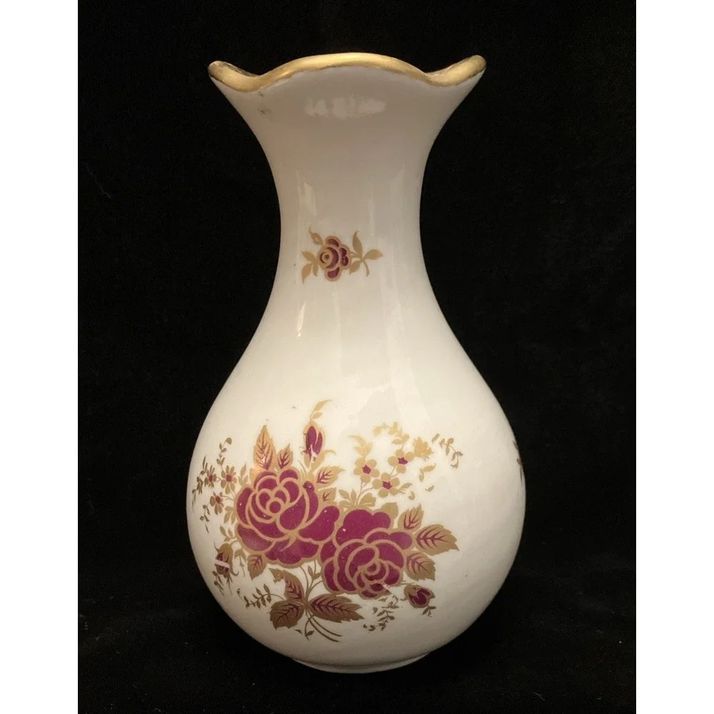 Osborne China 24k Gold Trim Hand Painted Vintage Vase Burgundy Red Yellow Floral